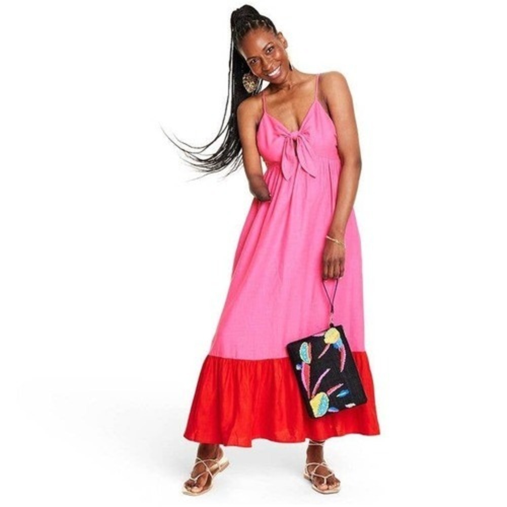 TABITHA BROWN X TARGET Tie Front Linen Maxi Dress XS Pink Red Colorblock Strappy - Picture 13 of 14
